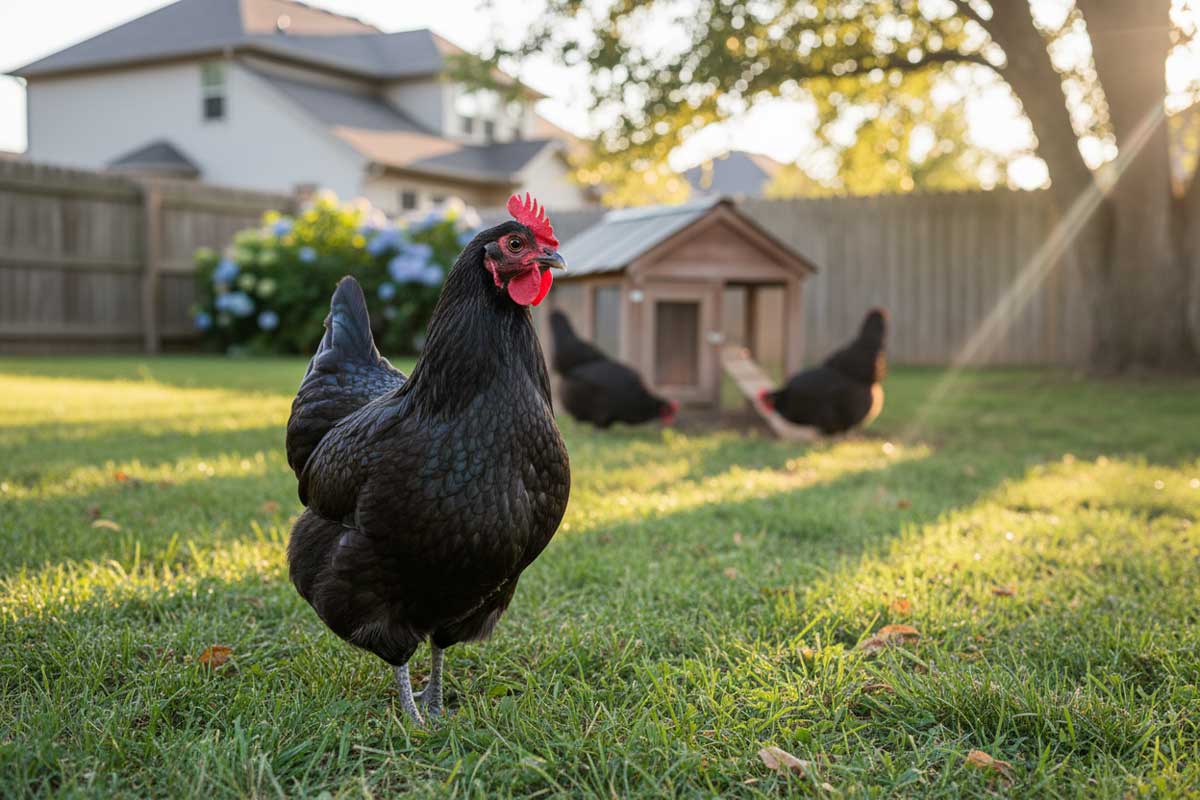 Australorp hen standing in green backyard grass