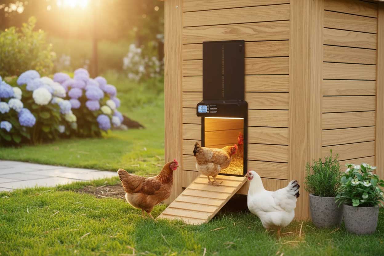 Automatic coop door track alignment and evening close test