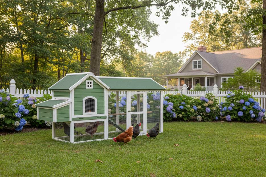 Chicken coop in a backyard