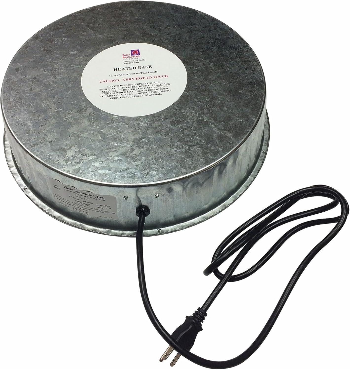 Product image: heated base supporting galvanized poultry waterer