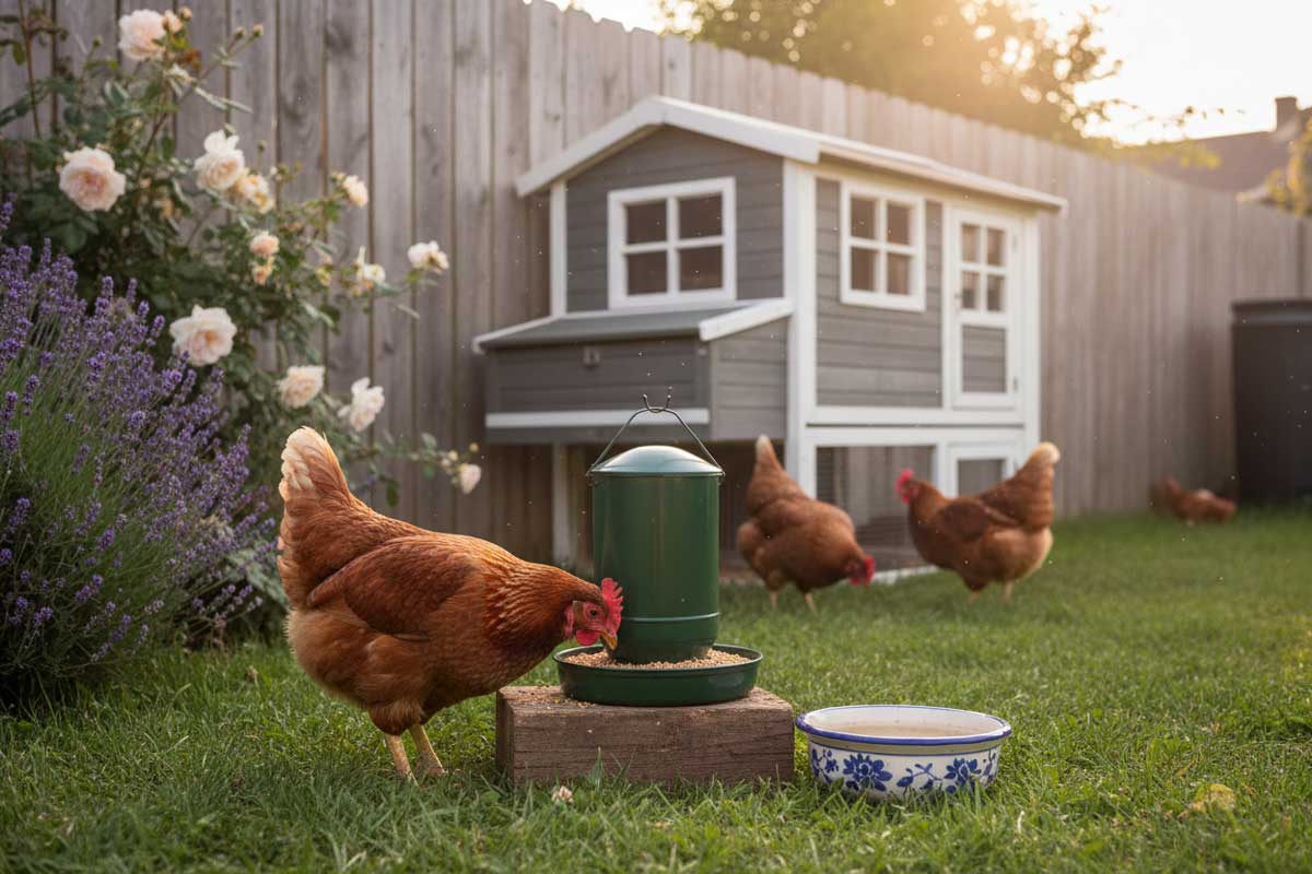 Chickens eating from a feeder in a calm backyard