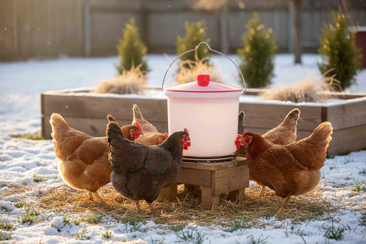Heated chicken waterer in winter run with snow nearby