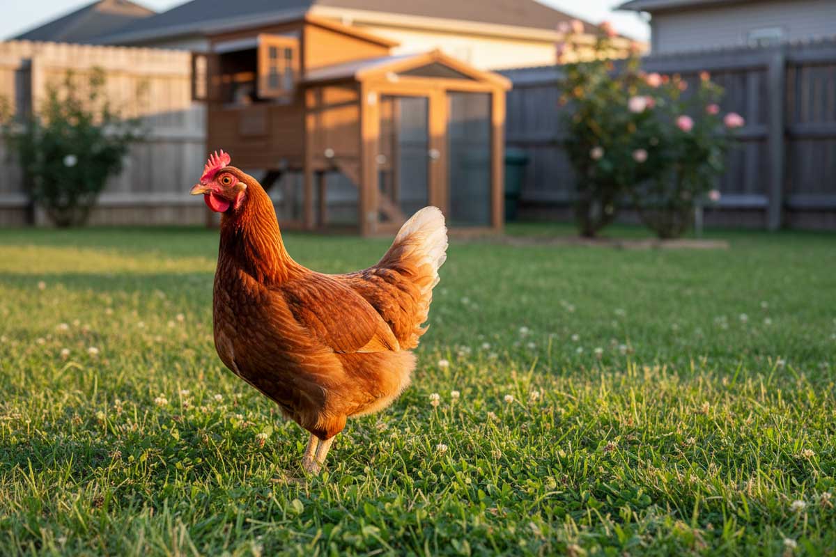 ISA Brown hen standing in green backyard grass
