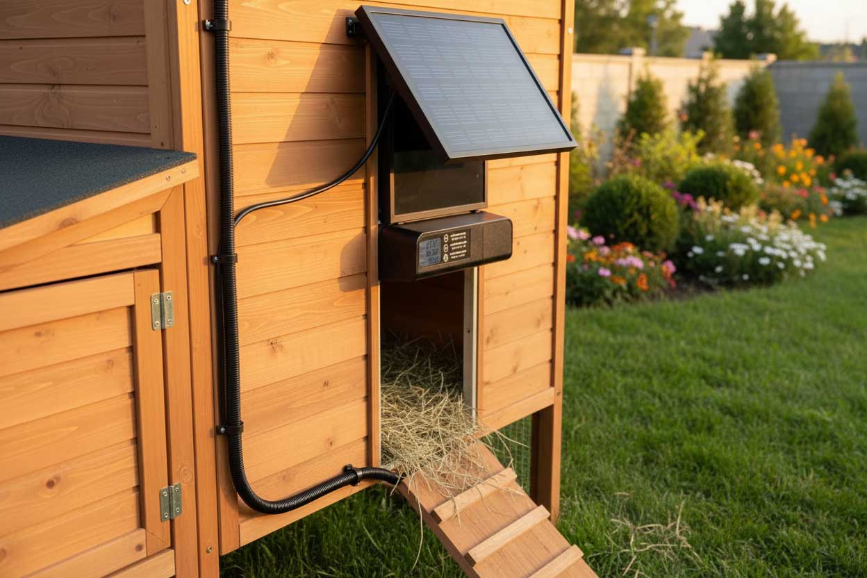 Solar coop door with mounted panel and protected cable routing